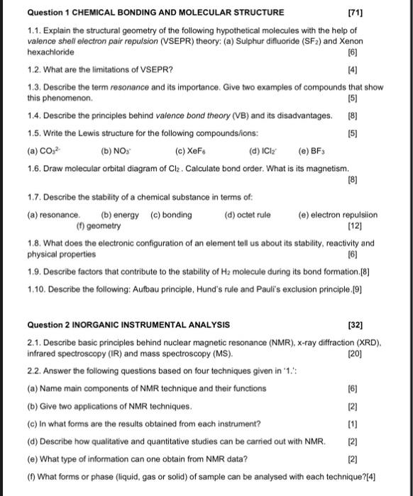 Question 1 Chemical Bonding And Molecular Structure 71 1 1 Explain The Structural Geometry Of The Following Hypotheti 1