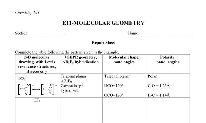 Chemistry 101 E11 Molecular Geometry Name Section Report Sheet Polarity Bond Lengths Complete The Table Following The P 1