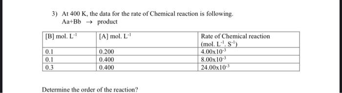 3 At 400 K The Data For The Rate Of Chemical Reaction Is Following Aa Bb Product B Mol L A Mol L Rate Of Chem 1