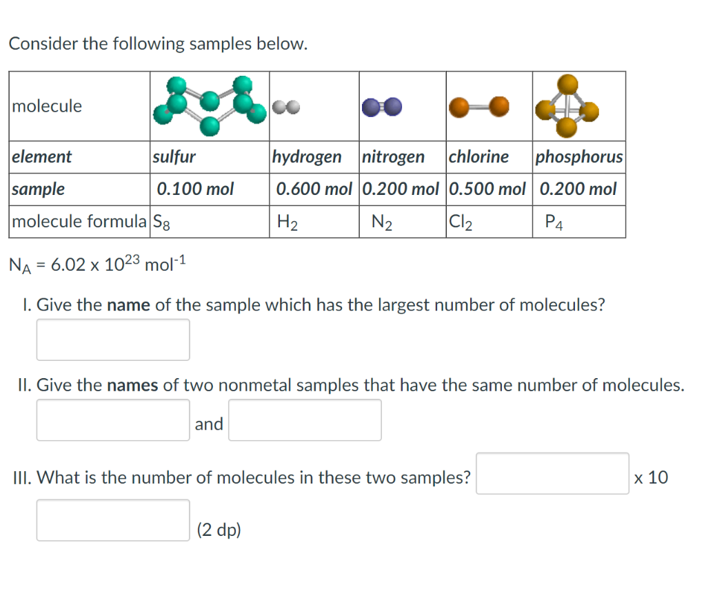 Consider The Following Samples Below Molecule Element Sulfur Sample 0 100 Mol Molecule Formula Sg Hydrogen Nitrogen Chl 1