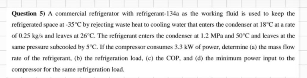 Question 5 A Commercial Refrigerator With Refrigerant 134a As The Working Fluid Is Used To Keep The Refrigerated Space 1