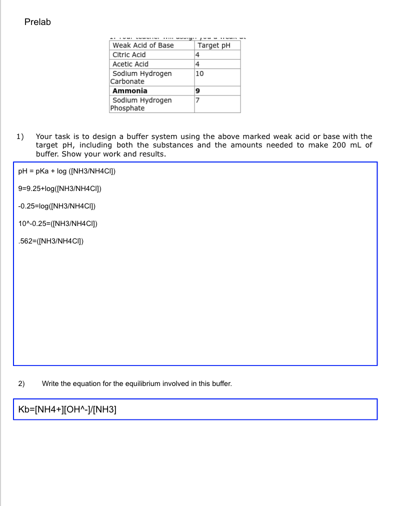 Prelab Target Ph 4 4 10 Weak Acid Of Base Citric Acid Acetic Acid Sodium Hydrogen Carbonate Ammonia Sodium Hydrogen Phos 1