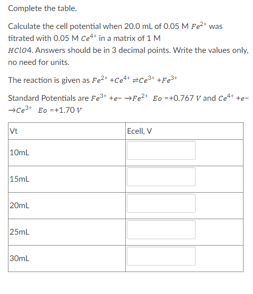 Complete The Table Calculate The Cell Potential When 20 0 Ml Of 0 05 M Fe2 Was Titrated With 0 05 M Ce4 In A Matrix O 1