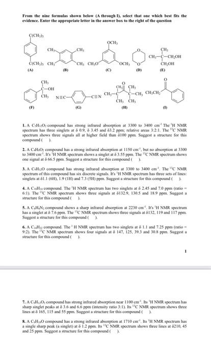 From The Nine Formulas Shown Below A Through 1 Select That One Which Best Fits The Evidence Enter The Appropriate Le 1