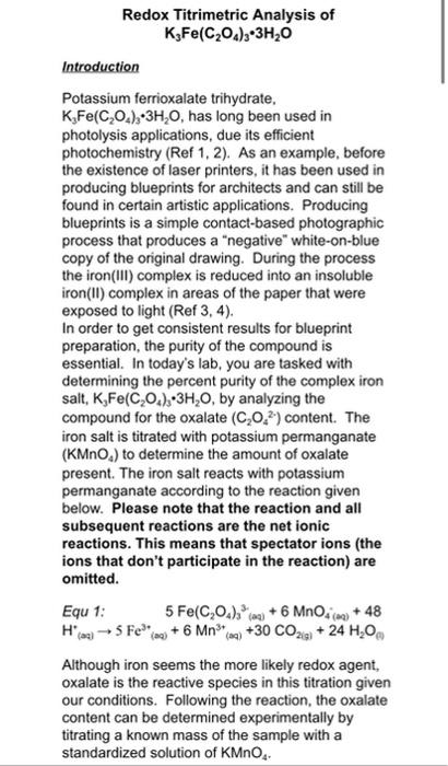 Redox Titrimetric Analysis Of Ksfe C204 3 3h 0 Introduction Potassium Ferrioxalate Trihydrate K Fe C O 3h O Has Long 1