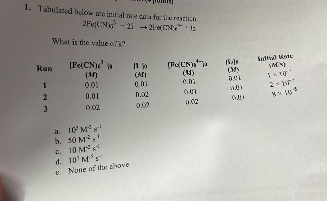 1 Tabulated Below Are Initial Rate Data For The Reaction 2fe Cn 63 2t 2fe Cn 64 12 What Is The Value Of K Initial 2