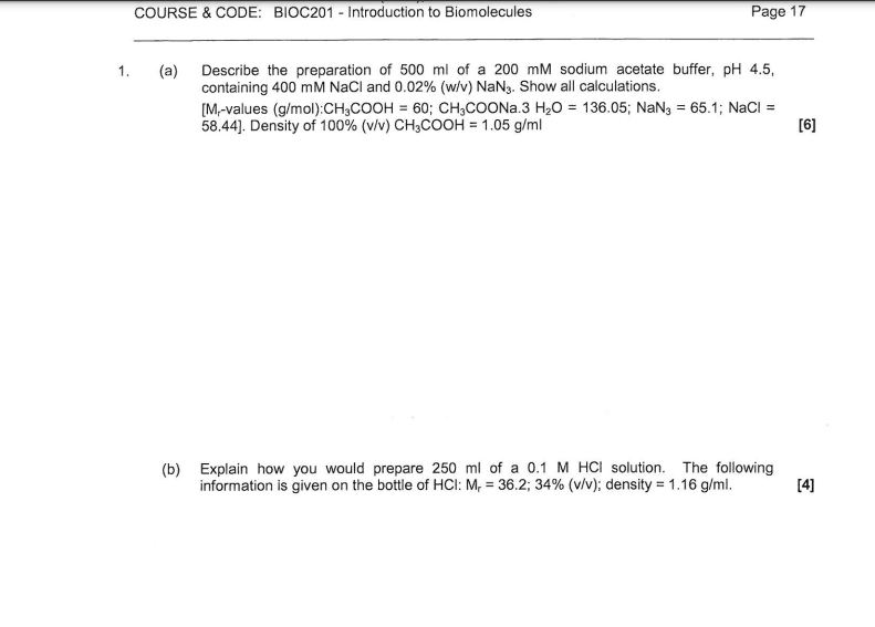 Course Code Bioc201 Introduction To Biomolecules Page 17 1 A Describe The Preparation Of 500 Ml Of A 200 Mm Sodi 1