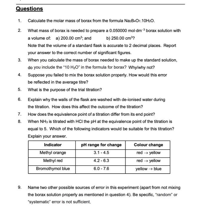 Questions 1 Calculate The Molar Mass Of Borax From The Formula Na2b4o7 10h20 2 What Mass Of Borax Is Needed To Prepar 1