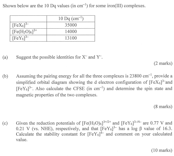 Shown Below Are The 10 Dq Values In Cm L For Some Iron Iii Complexes Fex6134 Fe H20 6 3 Fey6 3 10 Dq Cm 35000 1