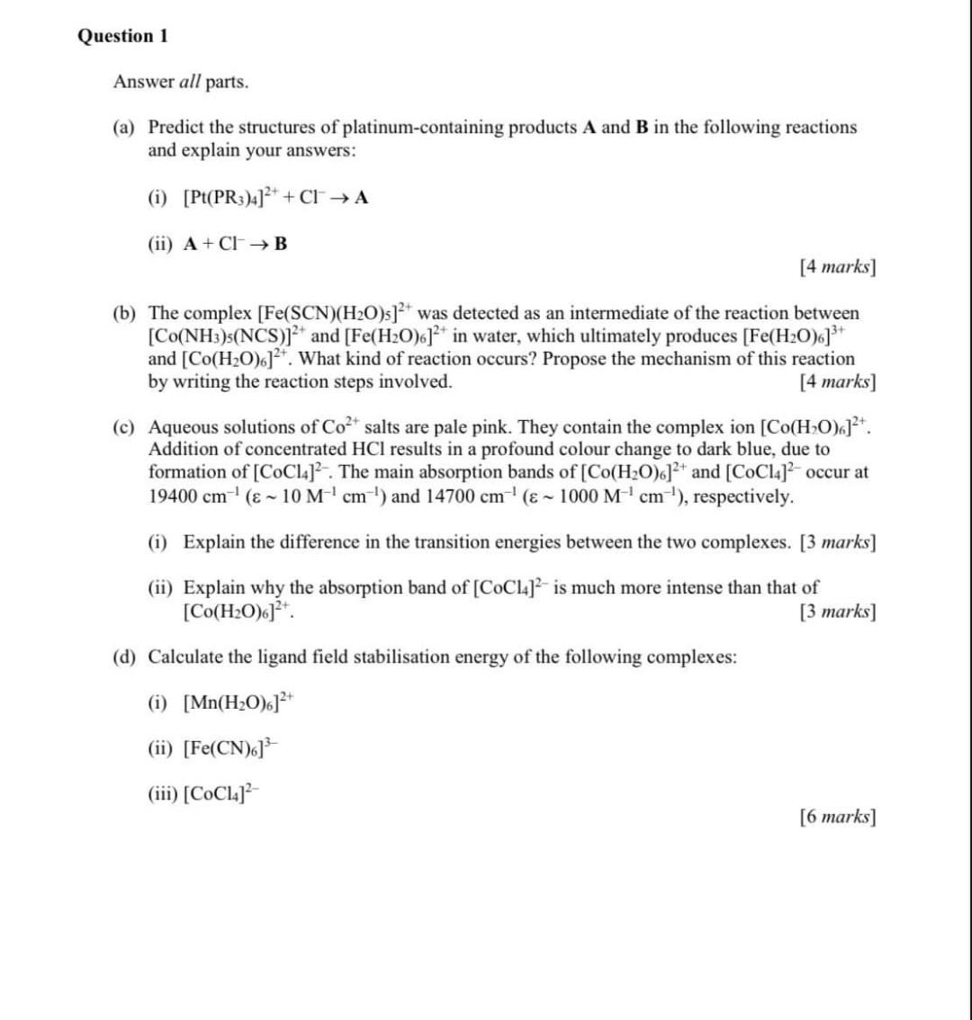 Question 1 Answer All Parts A Predict The Structures Of Platinum Containing Products A And B In The Following Reactio 1