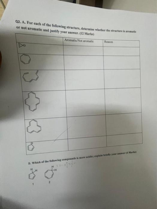 02 A For Each Of The Following Structure Determine Whether The Structure Is Aromatic Or Not Aromatic And Justify Your 1