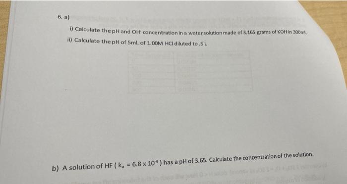 6 A Calculate The Ph And Oh Concentration In A Water Solution Made Of 3 165 Grams Of Koin 300m Ii Calculate The Ph O 1