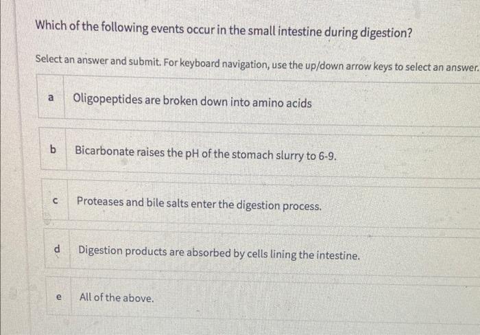 Which Of The Following Events Occur In The Small Intestine During Digestion Select An Answer And Submit For Keyboard N 1