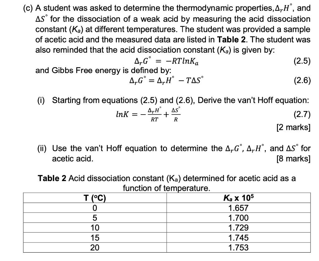 C A Student Was Asked To Determine The Thermodynamic Properties 4ho And Aso For The Dissociation Of A Weak Acid By M 1