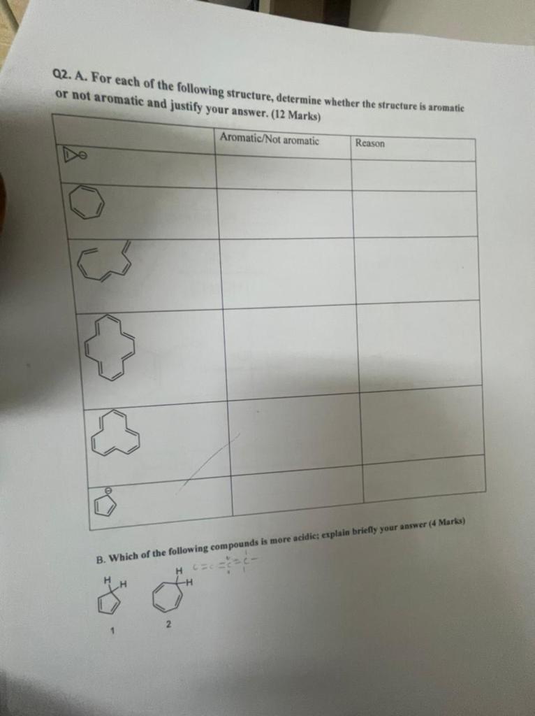 Q2 A For Each Of The Following Structure Determine Whether The Structure Is Aromatic Or Not Aromatic And Justify Your 1