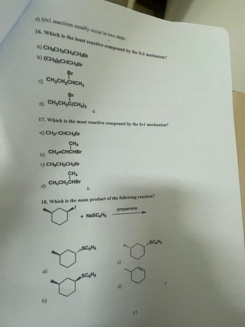 A Sni Reactions Usually Occur In Two Steps 16 Which Is The Least Reactive Compound By The Sx2 Mechanism A Ch3ch2ch2 1