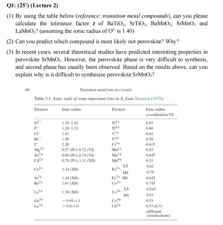 Q1 25 Lecture 2 1 By Using The Table Below Reference Transition Metal Compounds Can You Please Calculate The 1