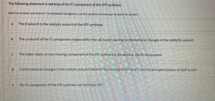 The Following Statement Is Not True Of The Fi Component Of The Atp Synthase Select An Answer And Submit For Keyboard N 1