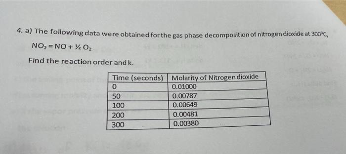 4 A The Following Data Were Obtained For The Gas Phase Decomposition Of Nitrogen Dioxide At 300 C No2 No O2 Find 1
