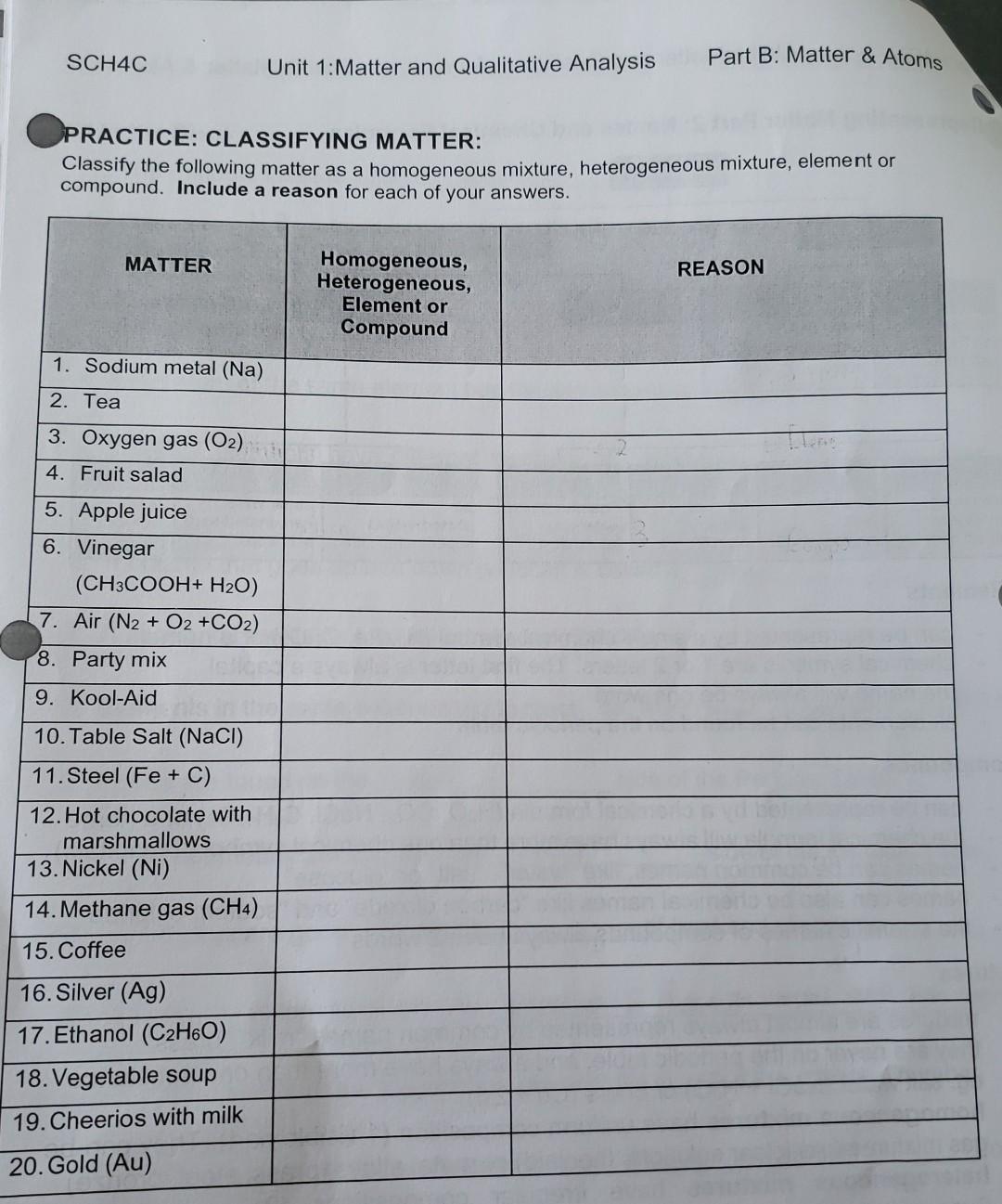 Sch4c Part B Matter Atoms Unit 1 Matter And Qualitative Analysis Practice Classifying Matter Classify The Followin 1