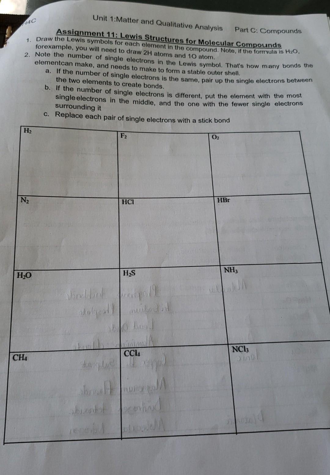 40 Unit 1 Matter And Qualitative Analysis Part C Compounds Assignment 11 Lewis Structures For Molecular Compounds 1 D 1