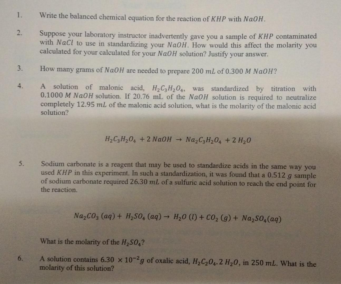 1 Write The Balanced Chemical Equation For The Reaction Of Khp With Naoh 2 Suppose Your Laboratory Instructor Inadver 1