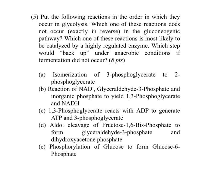 5 Put The Following Reactions In The Order In Which They Occur In Glycolysis Which One Of These Reactions Does Not Oc 1