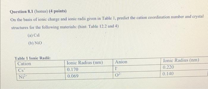 Question 8 1 Bonus 4 Points On The Basis Of Ionic Charge And Ionic Radii Given In Table 1 Predict The Cation Coordin 1