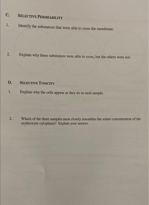 C Selective Permeability 1 Identify The Substances That Were Able To Cross The Membrane 2 Explain Why These Substanc 1