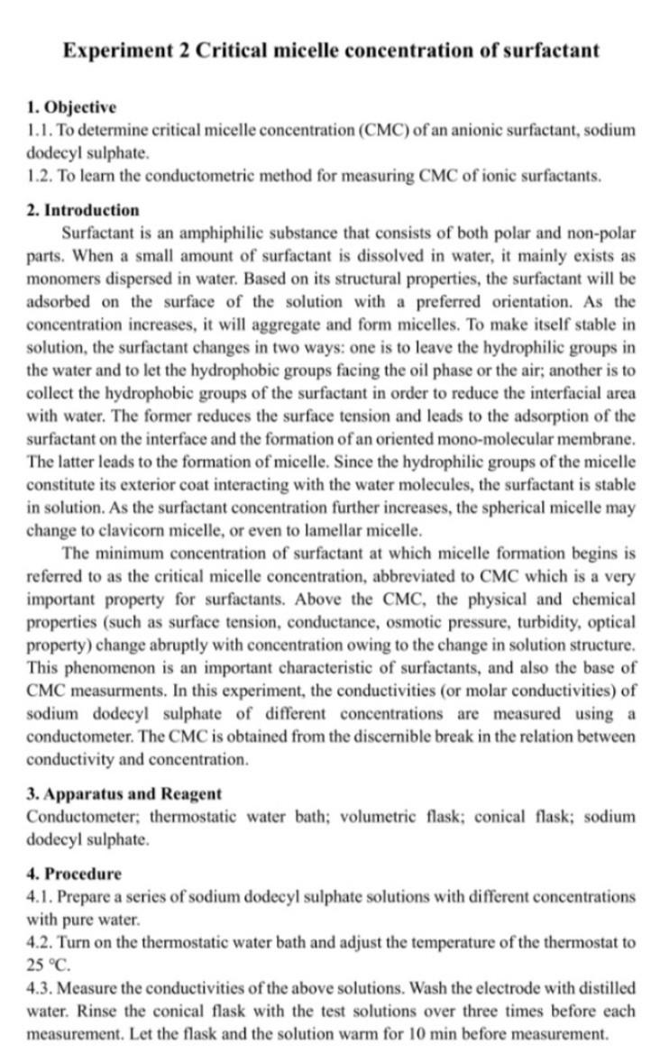 Experiment 2 Critical Micelle Concentration Of Surfactant 1 Objective 1 1 To Determine Critical Micelle Concentration 1