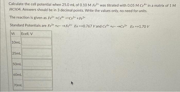 Calculate The Cell Potential When 25 0 Ml Of 0 10 M Fe2 Was Titrated With 0 05 M Ce4 In A Matrix Of 1 M Hci04 Answers 1