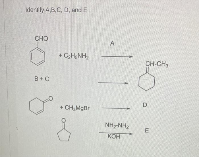 Identify A B C D And E Cho A C2h5nh2 Ch Ch3 B C A D Ch3mgbr O Nh2 Nh2 E Koh 1