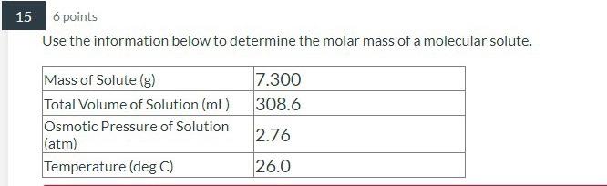 15 6 Points Use The Information Below To Determine The Molar Mass Of A Molecular Solute 7 300 308 6 Mass Of Solute G 1