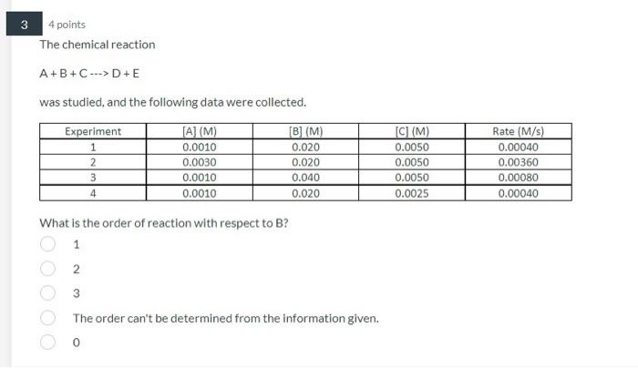 3 4 Points The Chemical Reaction A B C D E Was Studied And The Following Data Were Collected Experiment A M B 1