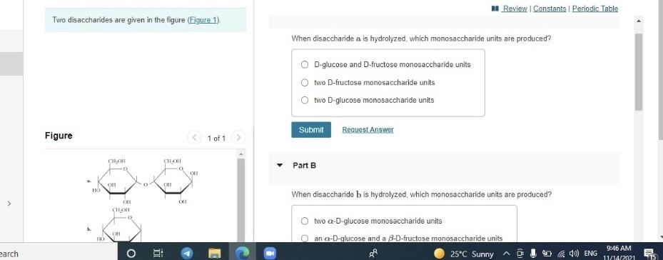 Review Constants Periodic Table Two Disaccharides Are Given In The Figure Eigure 1 When Disaccharide A Is Hydrolyzed 1