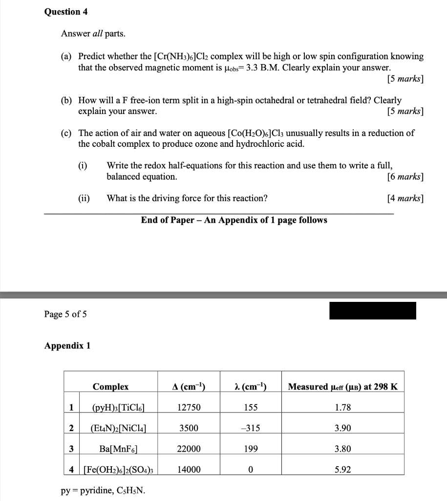 Question 4 Answer All Parts A Predict Whether The Cr Nh3 6 Cl2 Complex Will Be High Or Low Spin Configuration Knowin 1