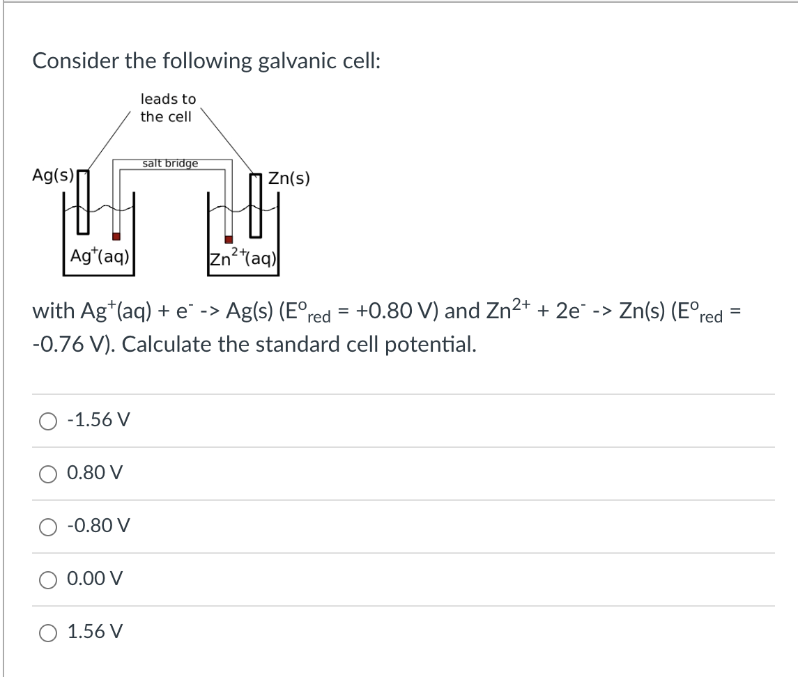 Consider The Following Galvanic Cell Leads To The Cell Salt Bridge Ag S Zn S Agt Aq Zn Aq Red With Ag Aq E 1