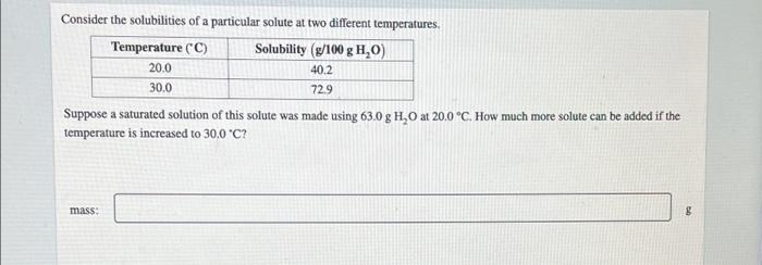 Consider The Solubilities Of A Particular Solute At Two Different Temperatures Temperature C Solubility G 100 G H 0 1