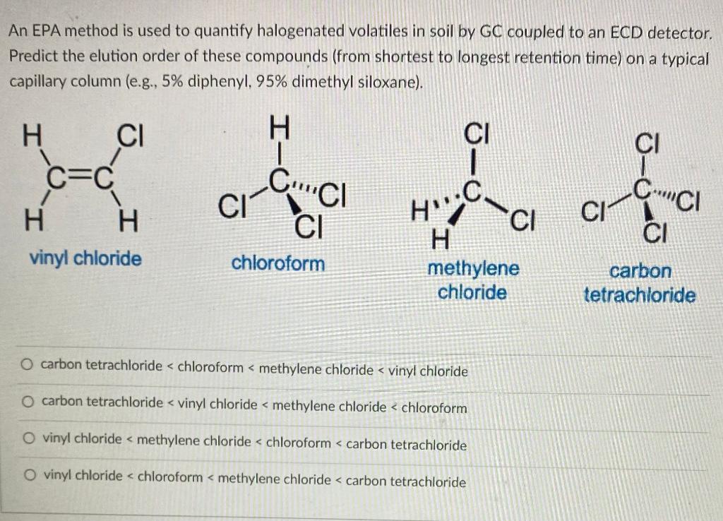 An Epa Method Is Used To Quantify Halogenated Volatiles In Soil By Gc Coupled To An Ecd Detector Predict The Elution Or 1