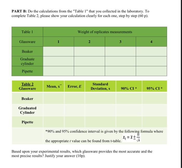 Part B Do The Calculations From The Table 1 That You Collected In The Laboratory To Complete Table 2 Please Show Yo 1