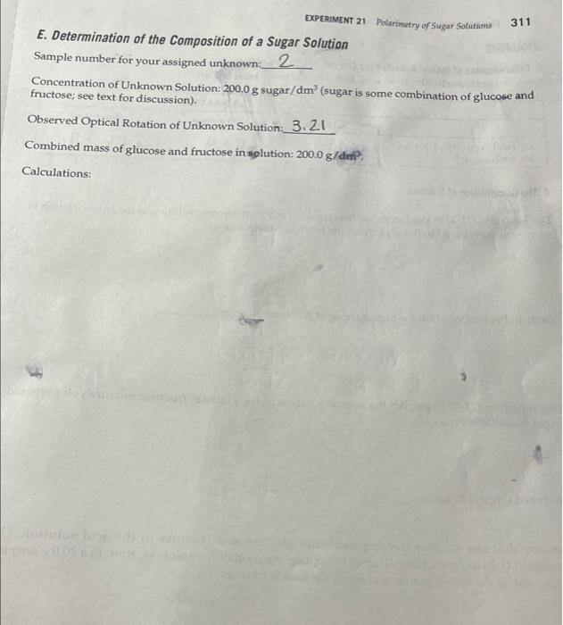311 Experiment 21 Polarimetry Of Sugar Solutions E Determination Of The Composition Of A Sugar Solution Sample Number F 1