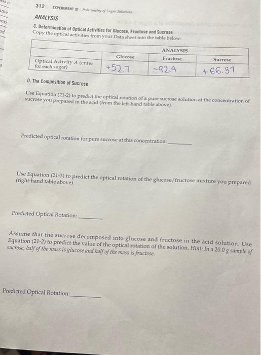 Ame Ed 312 Experiment 21 Petry Of Super Analysis C Determination Of Optical Activities For Glucose Fructose And Sucros 1