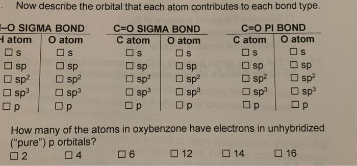 Now Describe The Orbital That Each Atom Contributes To Each Bond Type 1 O Sigma Bond Hatom O Atom S S Sp Sp2 Sp2 Sp3 Sp 1
