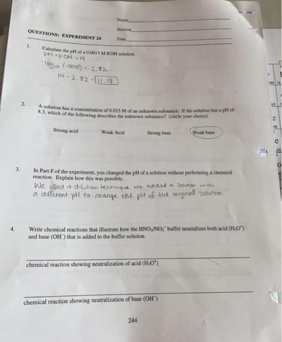 Name Questions Experiment 24 Section Date 1 Calculate The Pit Of A 0 0015 M Koh Solution Php Oh 14 Logio 1 0015 1