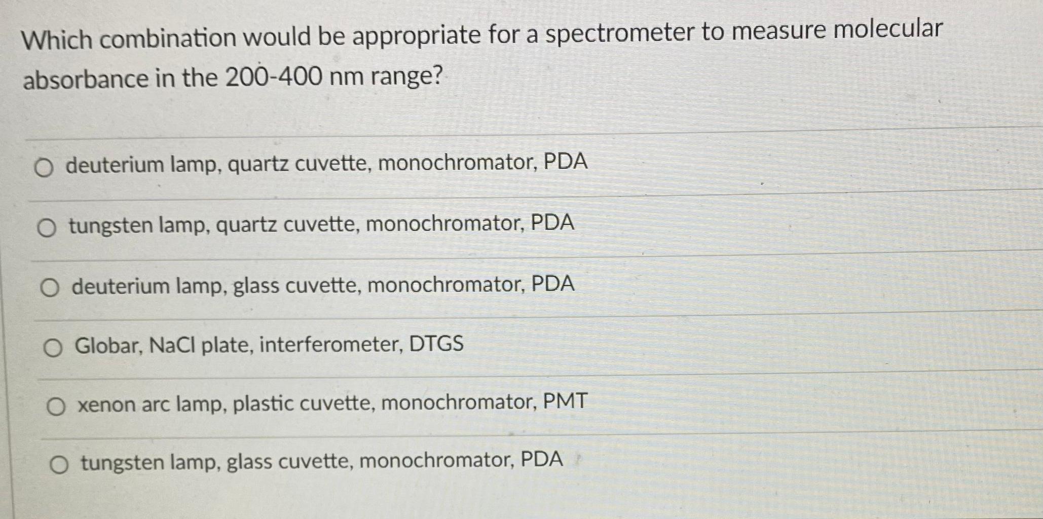 Which Combination Would Be Appropriate For A Spectrometer To Measure Molecular Absorbance In The 200 400 Nm Range O Deu 1