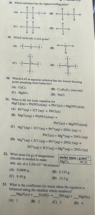 28 Which Substance Has The Highest Boiling Point A H C D 29 Which Molecule Is Non Polar Ef C 1