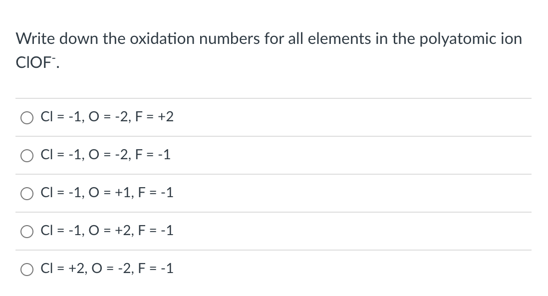 Write Down The Oxidation Numbers For All Elements In The Polyatomic Ion Ciof Cl 1 0 2 F 2 Cl 1 O 2 F 1