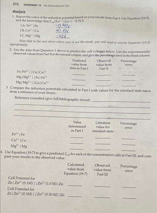 272 Experiment 19 The Electrochemical C Analysis 1 Report The Value Of The Reduction Potential Based On Your Results F 1