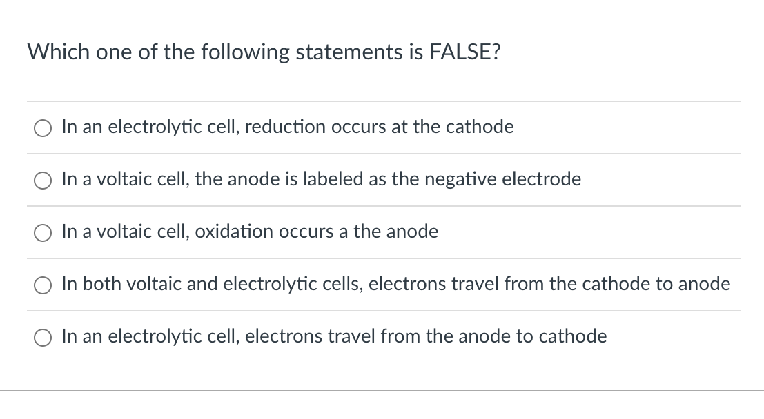 Which One Of The Following Statements Is False In An Electrolytic Cell Reduction Occurs At The Cathode O In A Voltaic 1