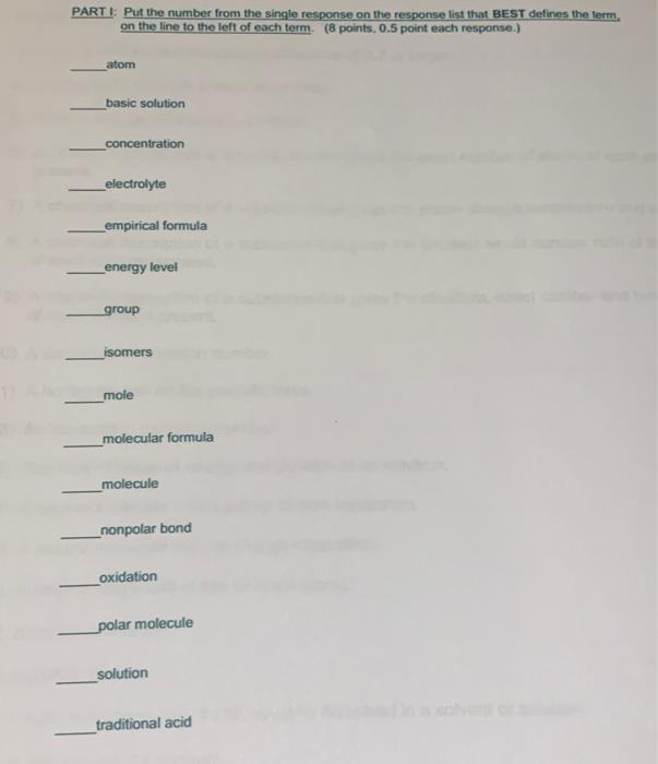 Parti Put The Number From The Single Response On The Response List That Best Defines The Term On The Line To The Left Of 1